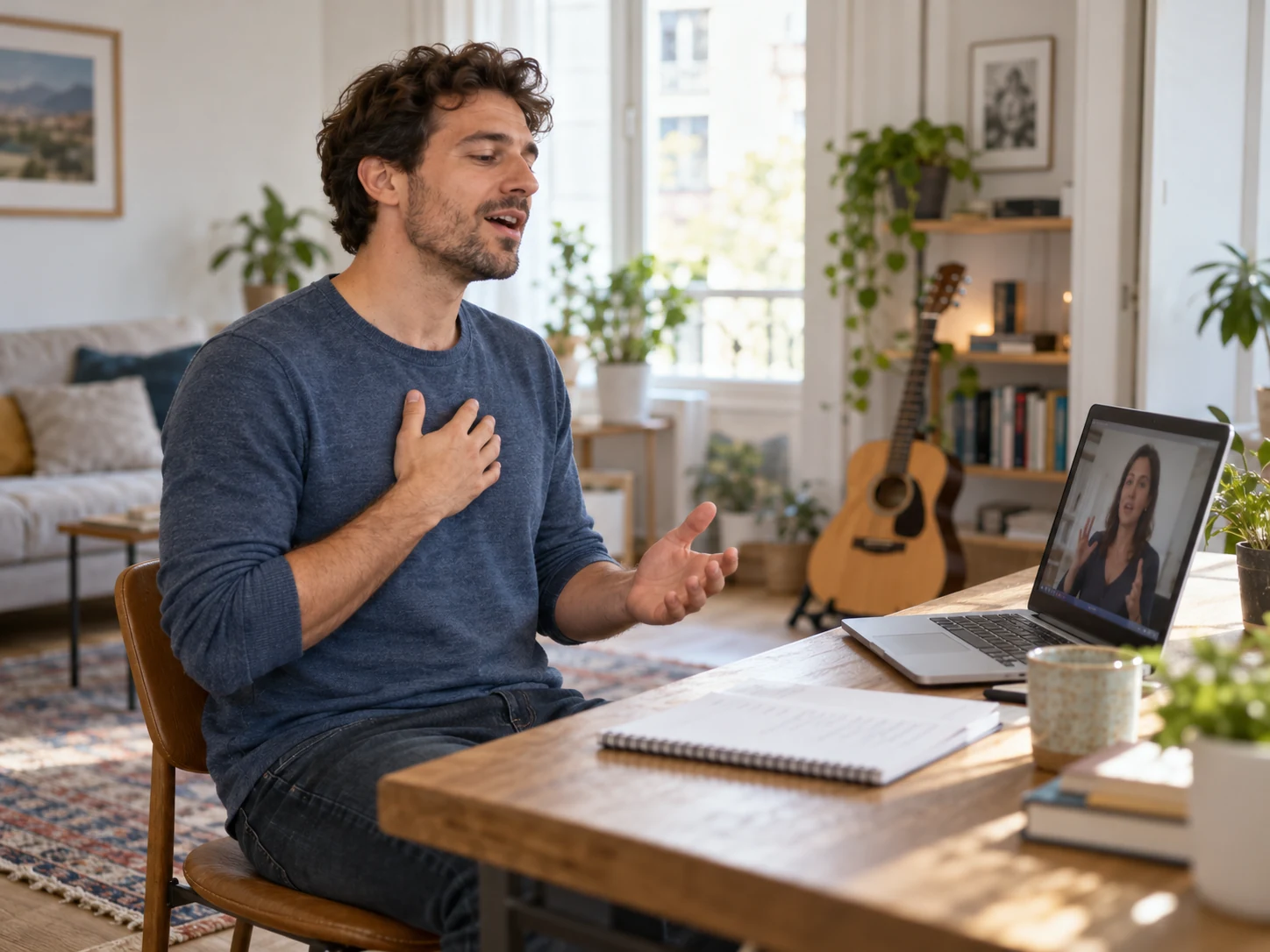An adult practicing singing at a computer