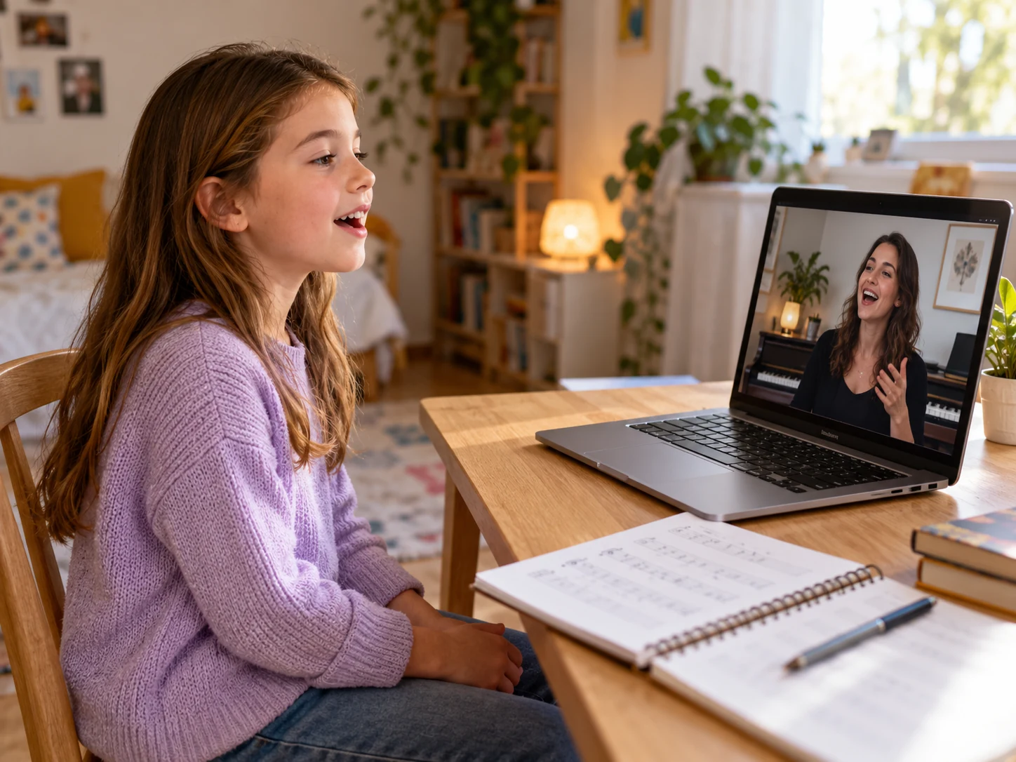 A child practicing singing at a computer