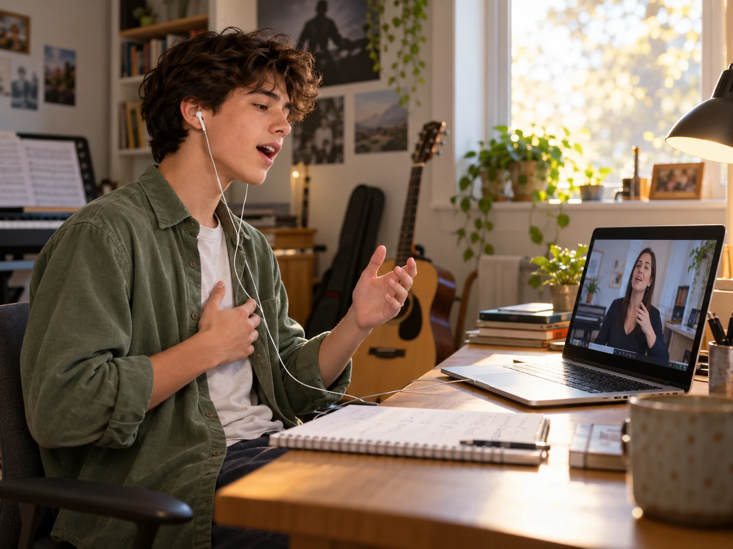 A teenager singing at a computer
