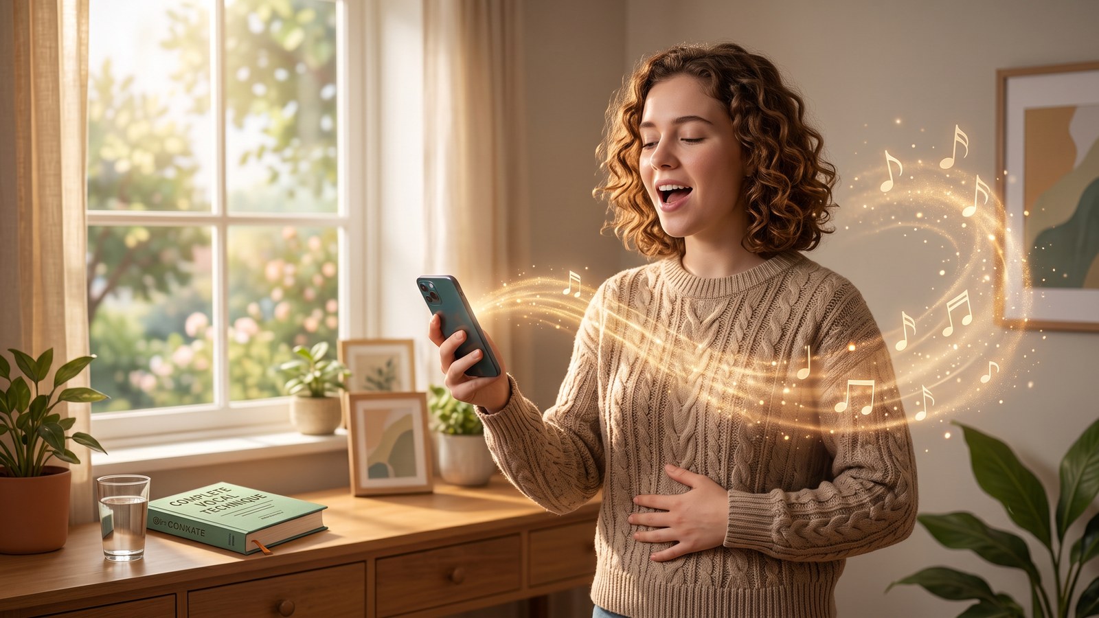 A woman practicing singing at home while holding a phone