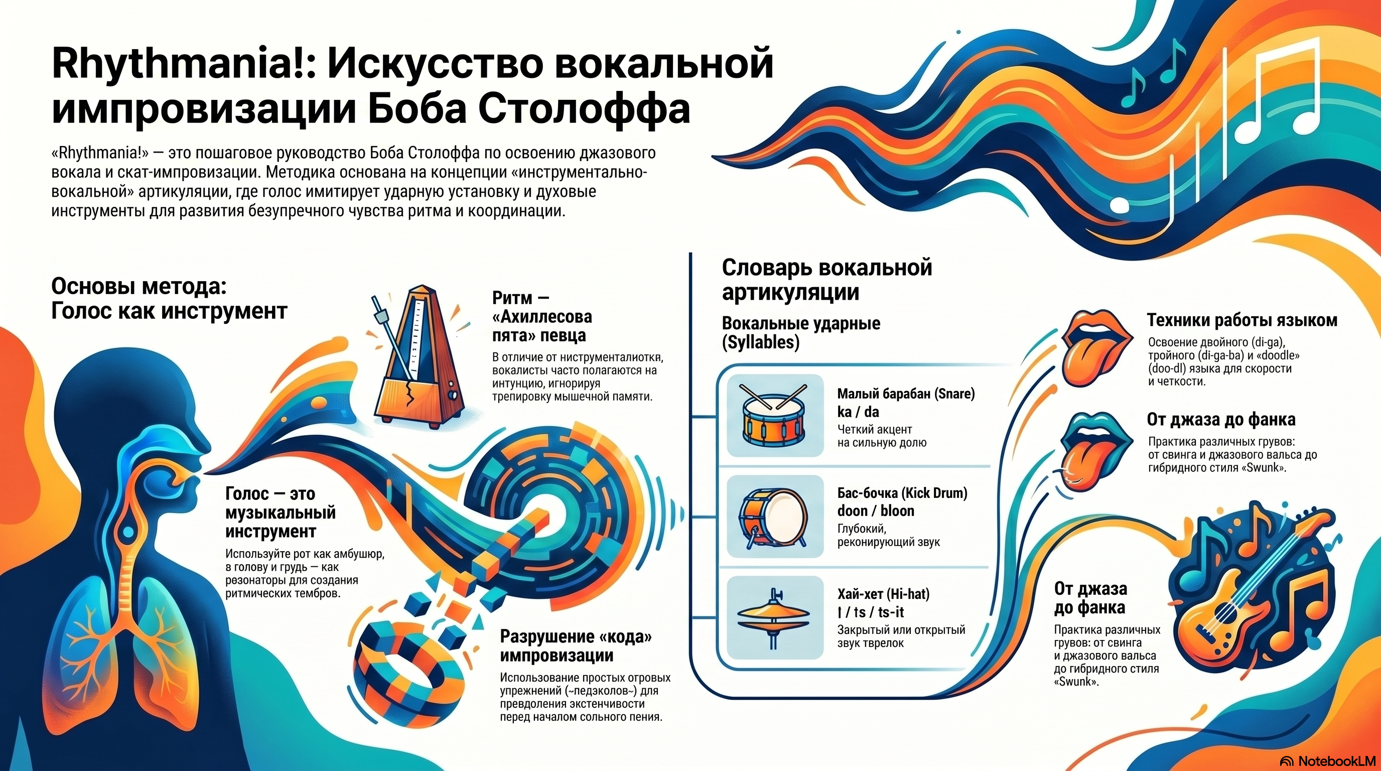 Rhythmania! infographic — voice as rhythm instrument, vocal percussion syllables and drum-kit imitation