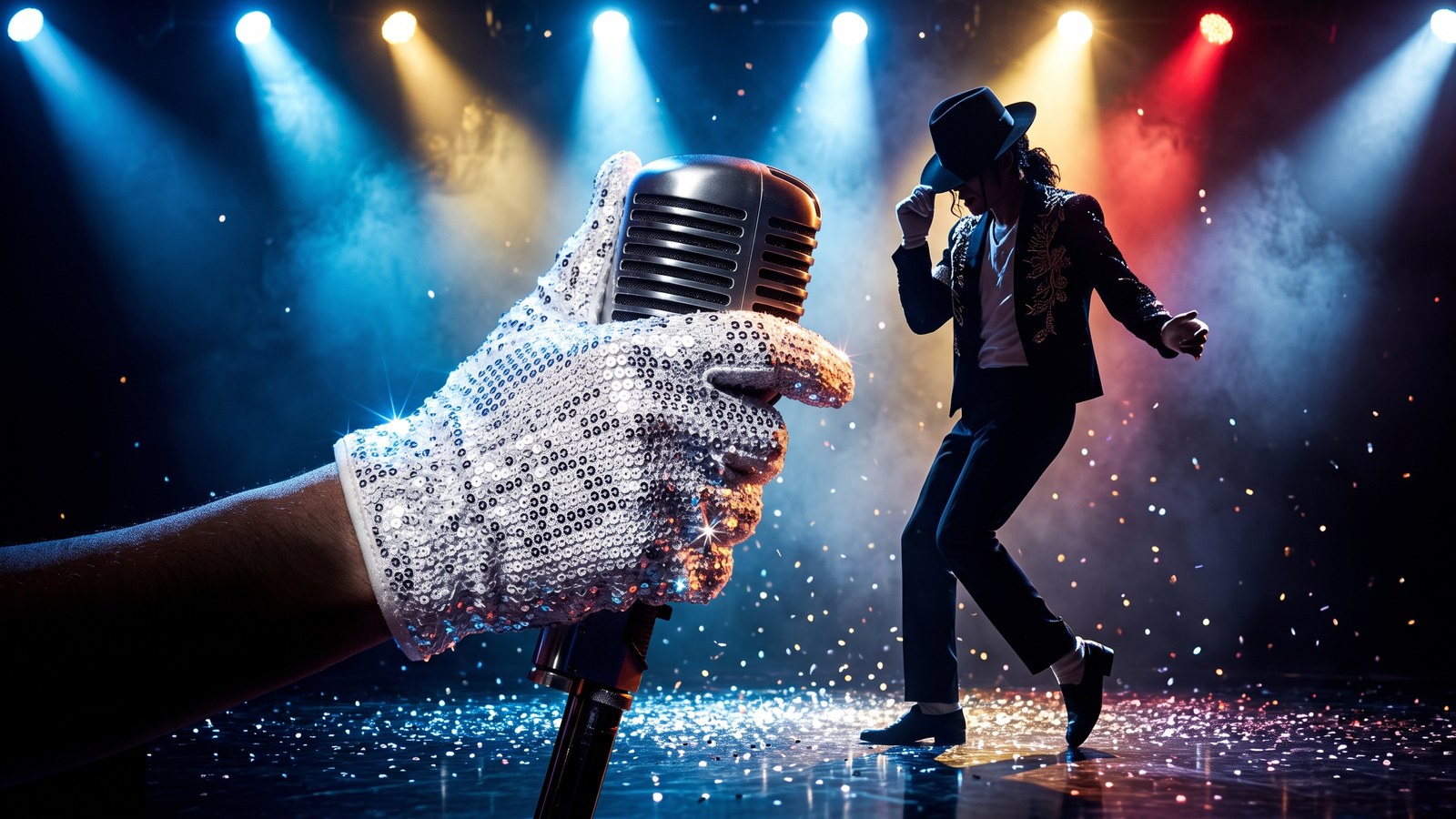 Stage microphone, sequined glove, and dancer silhouette inspired by Michael Jackson's pop performance style