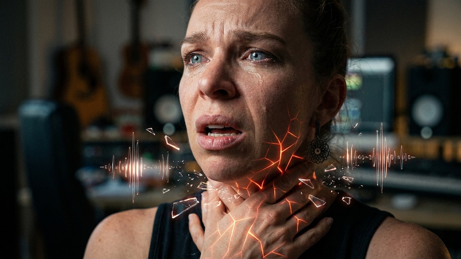 Woman holding her throat after vocal strain and discomfort