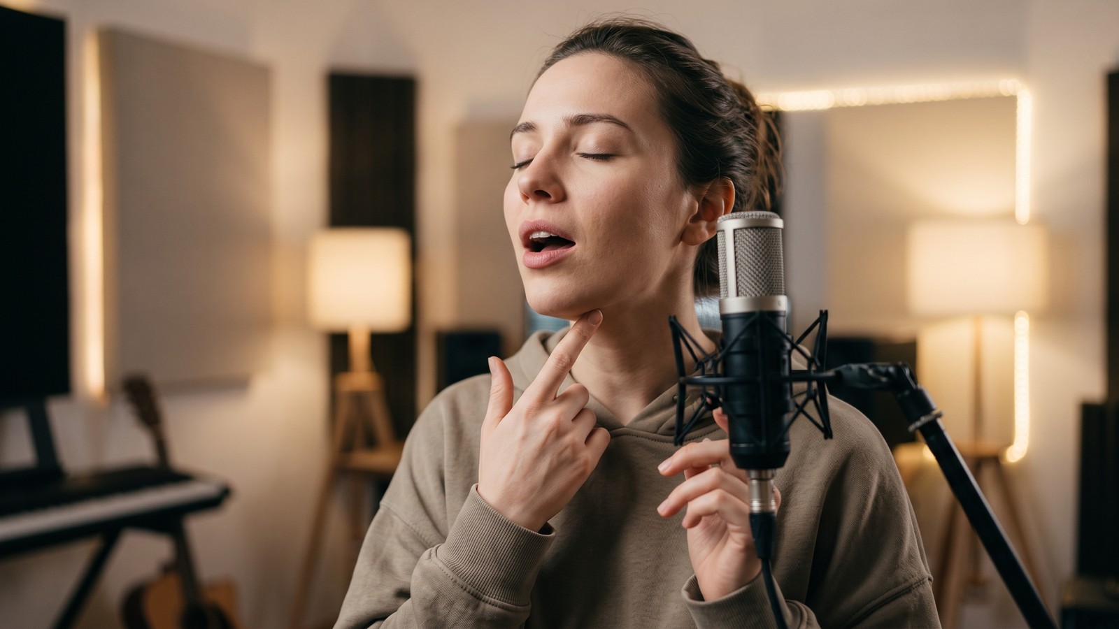 Singer checking throat tension while practicing into a studio microphone